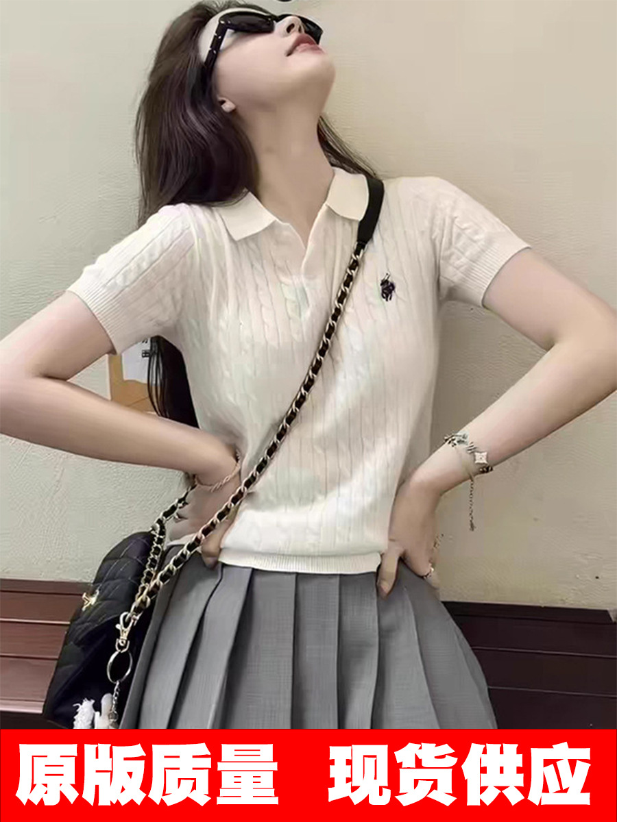 【Direct from Manufacturer】Core-spun yarn twisted shoulder polo knit short-sleeve t-shirt for women, high-end lapel top