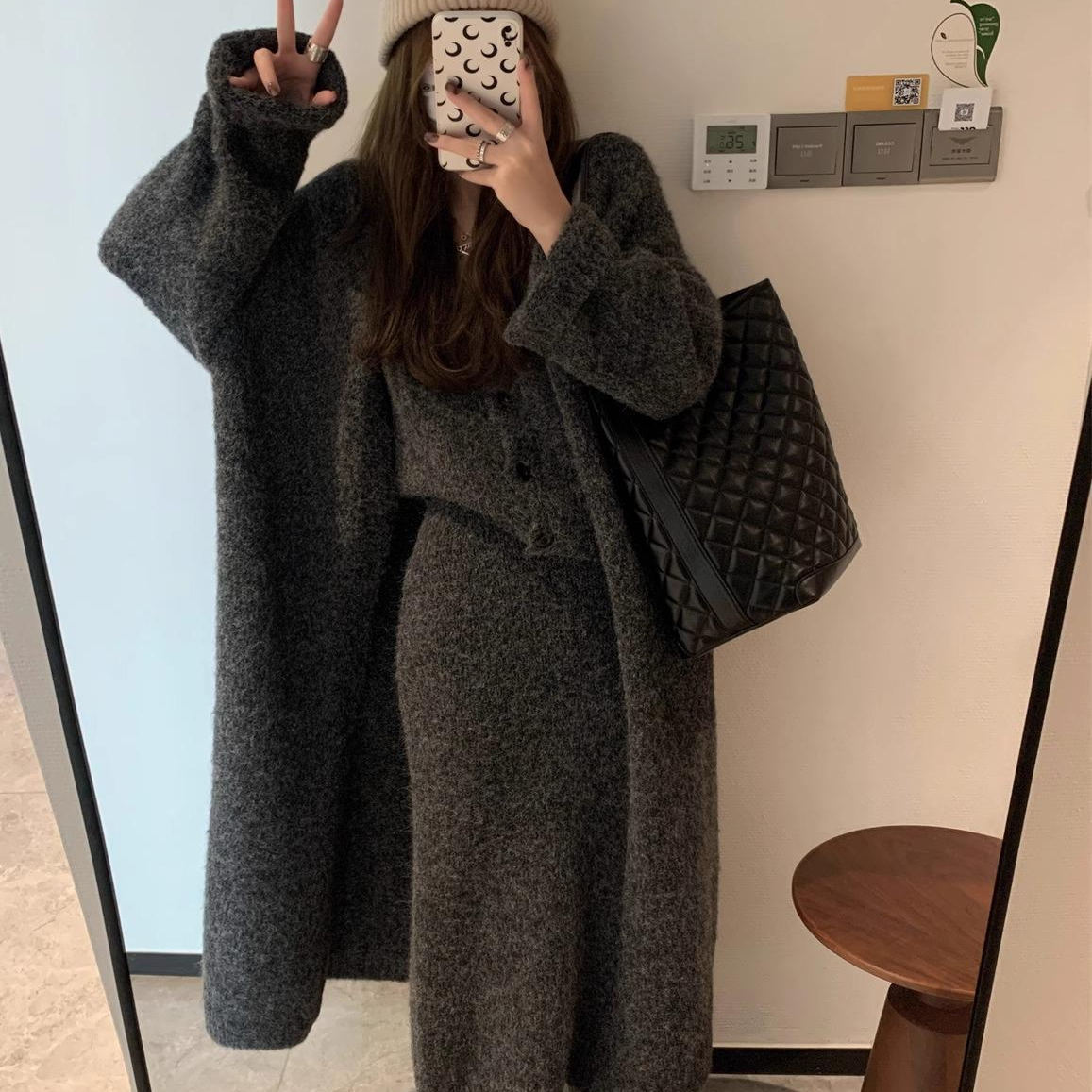 慵懒风松弛感针织大衣女毛衣开衫马甲半身裙套装韩国风针织三件套