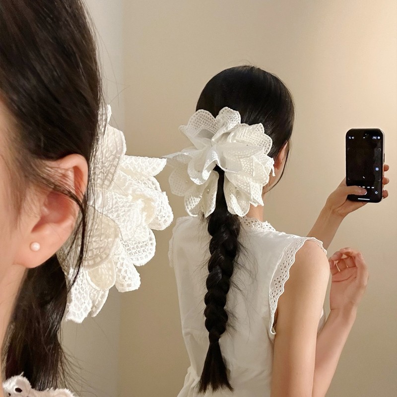 法式白色花朵蕾丝珍珠马尾抓夹女高级感温柔百搭后脑勺夹子头饰|undefined