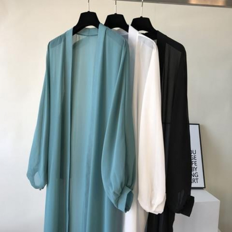 シフォン日焼け止め服ロング涼しい夏の新しいスタイルボタンなしルーズ薄手のアウターカーディガンミッドレングスビーチウェアショール|undefined