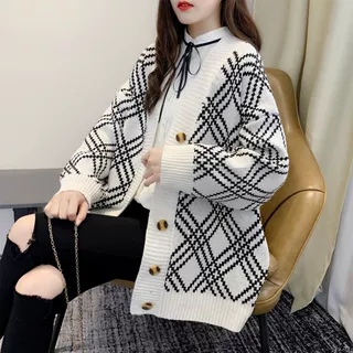 春秋季新款慵懒风韩版宽松小清新针织开衫格子条纹百搭毛衣女外套