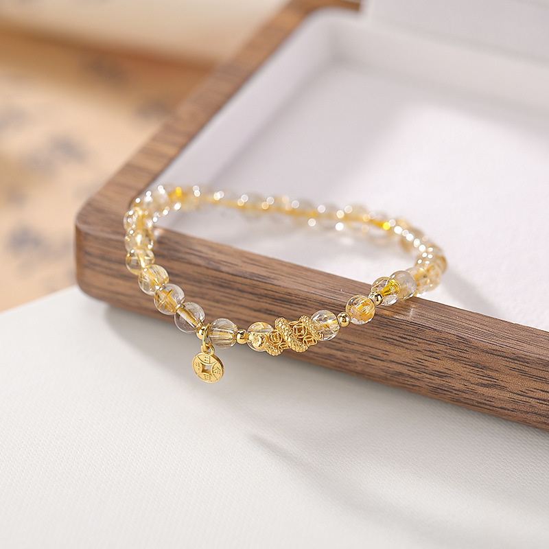 Vòng tay nữ bạc 925 mạ vàng đính đá citrine tròn charm đồng xu rắn — một mảnh