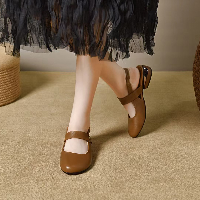 Dép da thật nữ mũi tròn bít gót thấp 3 cm quai chữ V đế mềm — Gót đen cao 3 cm