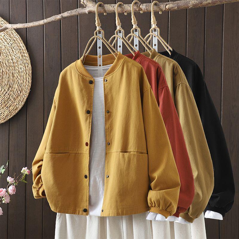 Women's vintage workwear baseball jacket, loose and slimming, suitable for spring and autumn, plus-size cotton stand-up collar jacket Women's vintage workwear baseball jacket, loose and slimming, suitable for spring and autumn, plus-size cotton stand-up collar jacket