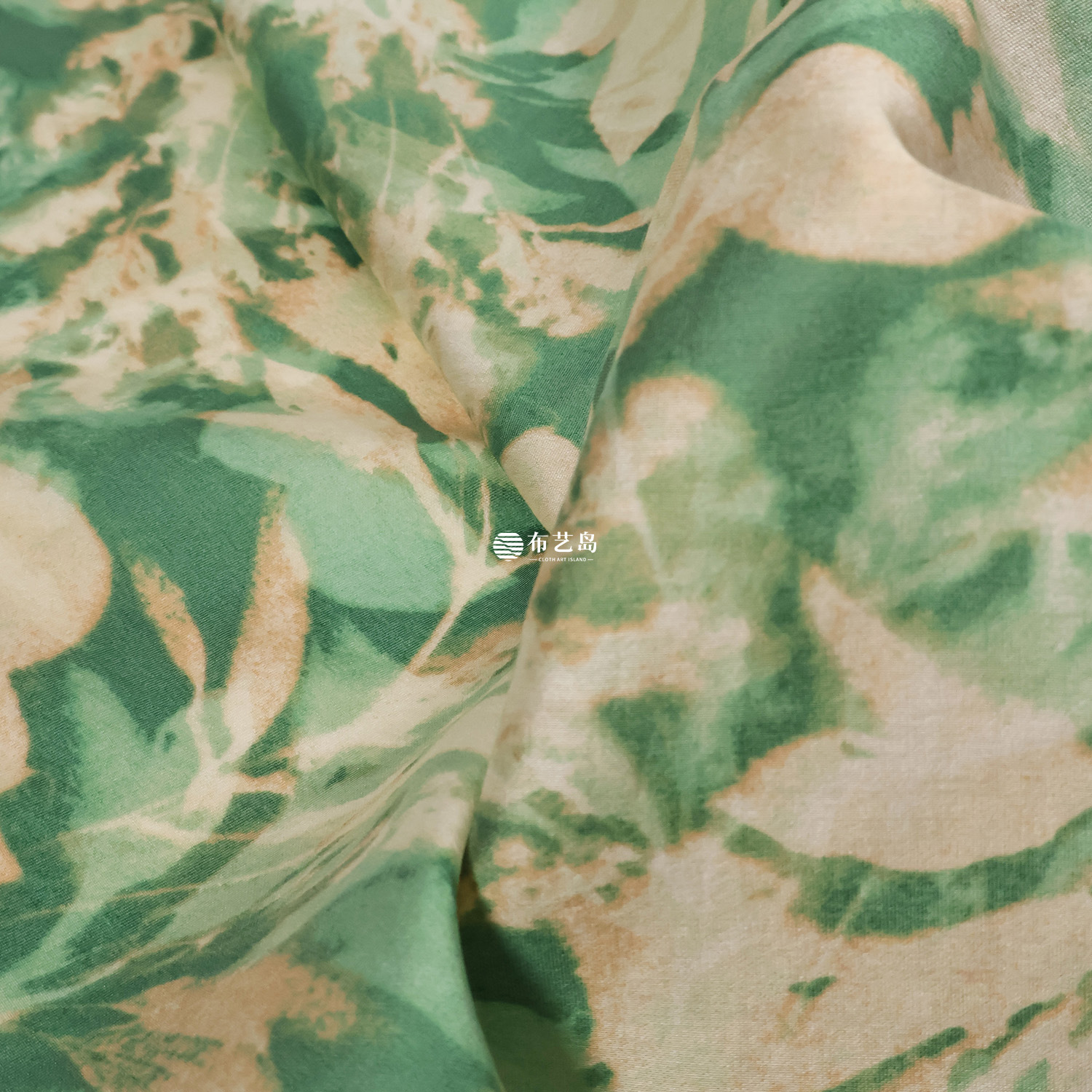 抽象绿色系枯叶印花柔软微透真丝麻面料 春夏衬衫长裙布料