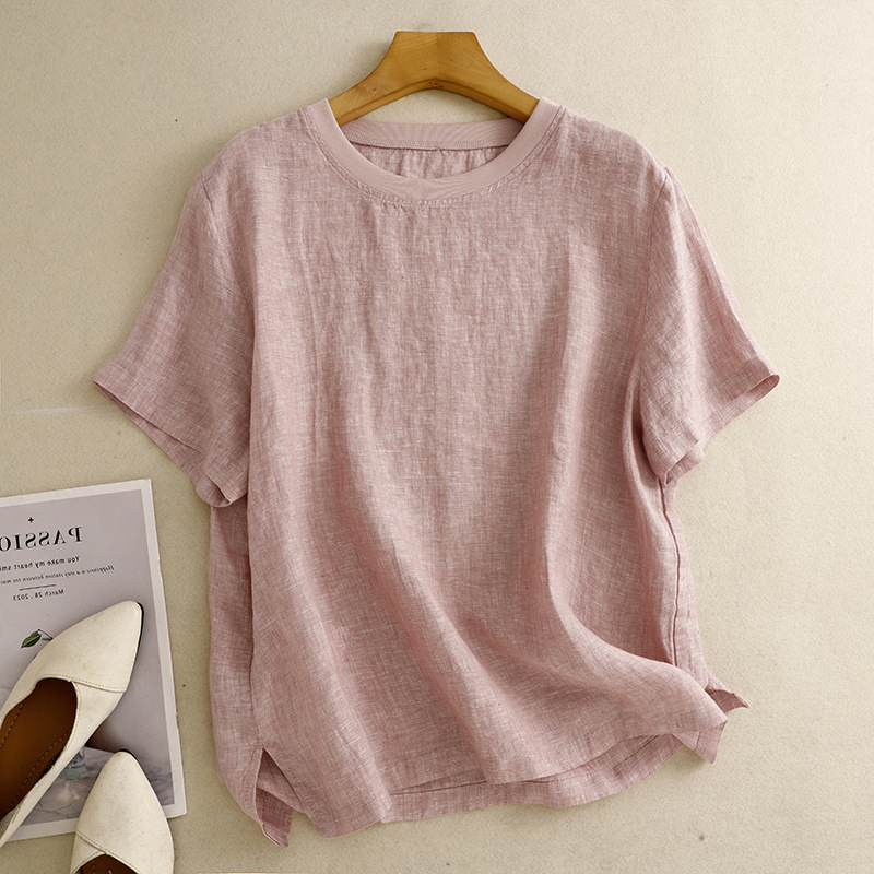 ソリッドカラー Tシャツ女性のための 2025 夏の新しい文学と芸術のファッション年齢を減らすルーズ痩身スプライシングラウンドネック Tシャツトップス女性のための|undefined