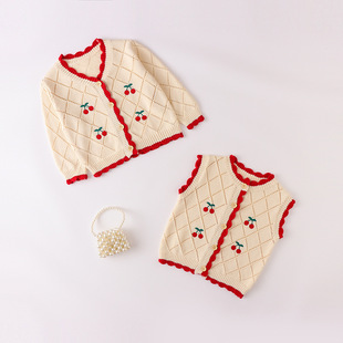 2023 Autumn Baby Girl Baby Net Red Cherry Embroidered Red Edge Knitted Vest Long Sleeve Cardigan Jacket