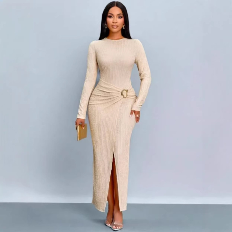 New Sexy Pure Lust Style Half Turtleneck Long-Sleeved Dress Women's New Slimming Look Pleated Hip-Hugging Long Skirt European and American New Sexy Pure Lust Style Half Turtleneck Long-Sleeved Dress Women's New Slimming Look Pleated Hip-Hugging Long Skirt European and American