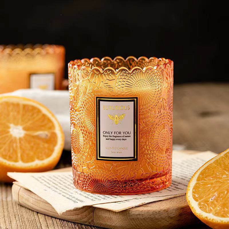 Boutique de encaje taza aromaterapia frasco de vidrio en relieve de encaje vela Copa de gama alta de fondo grueso botella de color botella de aromaterapia