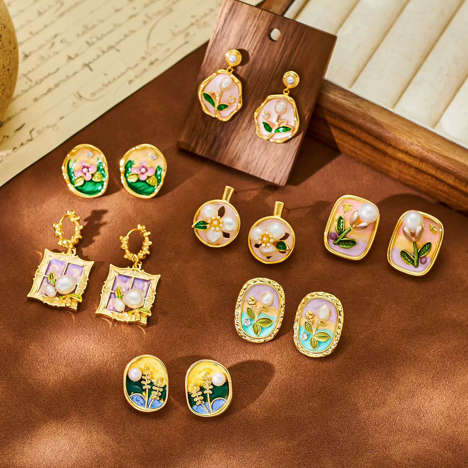 新款莫奈花园中古风耳钉文艺复古轻奢天然淡水珍珠真金电镀耳饰潮