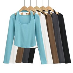 Fall trendy design faux two-piece slimming women's crop top with V-neck, off-shoulder long sleeve T-shirt for girls