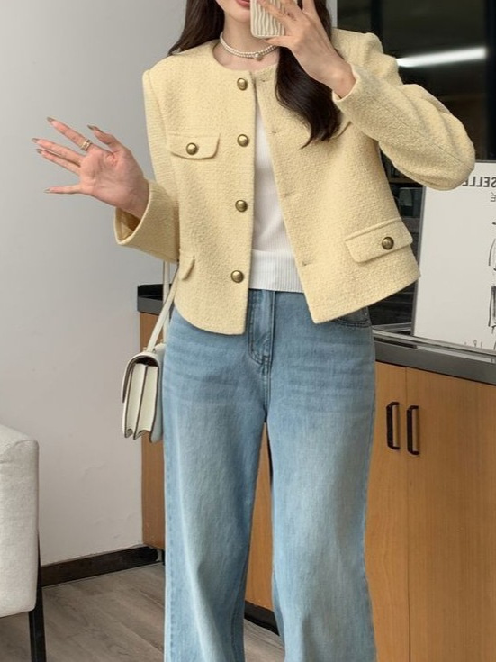 法式小香风黄色夹克长袖外套女2025年秋冬季新款宽松显瘦短款上衣|undefined