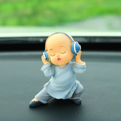 Car ornaments funny little monk car - monk-wearing-headphones