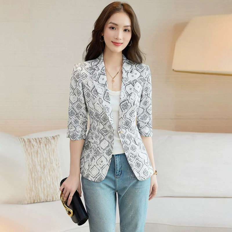 Cross-Border Supply Cotton and Linen Printed Mid-Sleeve Blazer Jacket for Women, New Spring and Summer Slim-Fit High-End Suit Top Cross-Border Supply Cotton and Linen Printed Mid-Sleeve Blazer Jacket for Women, New Spring and Summer Slim-Fit High-End Suit Top