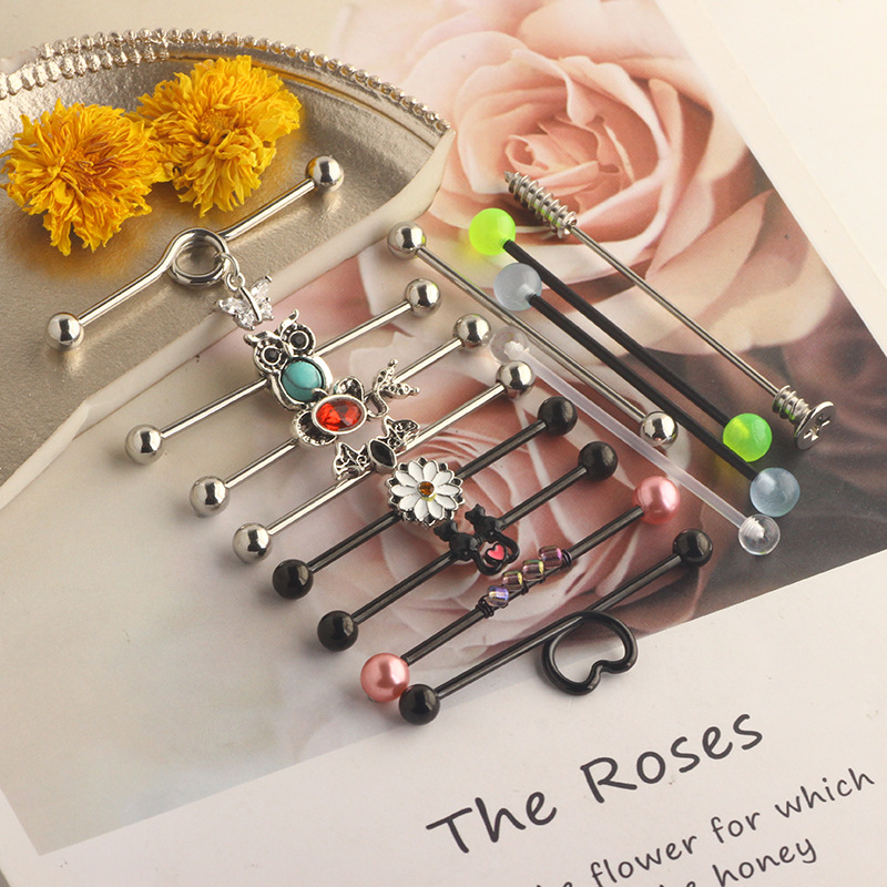 European American Trendy Ear Studs Butterfly Snake Industrial Barbell Cross Bar Ear Bone Nail Piercing Jewelry Set detail image 10