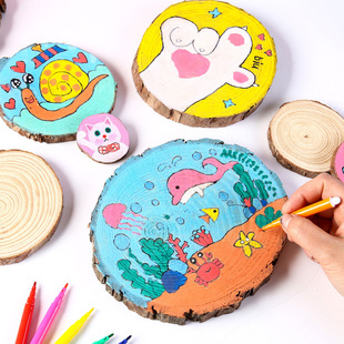 diy手绘圆木片幼儿园手工材料儿童木片画木桩年轮杯垫装饰材料画-阿里巴巴