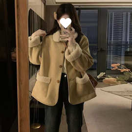 复古鹿皮绒羊羔毛加绒外套女冬季宽松加厚保暖皮毛一体机车棉服潮