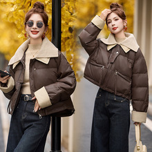 PU面皮质免洗新款羽绒服2025年冬女短款针织翻领减龄保暖羽绒服