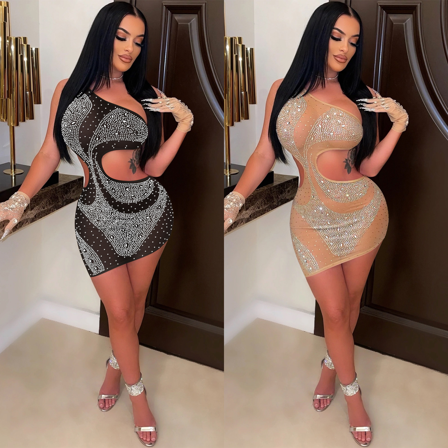 C563 transfronterizo AliExpress Amazon moda europea y americana sexy club nocturno apretado rhinestone vestido hueco ropa de mujer