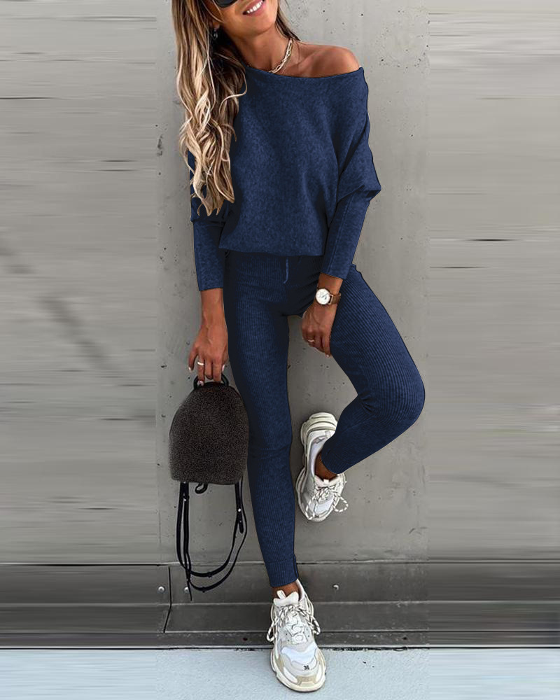 Solid Color Sloping Shoulder Long Sleeve Shirt & Pants 2 Piece Set NSYF66877