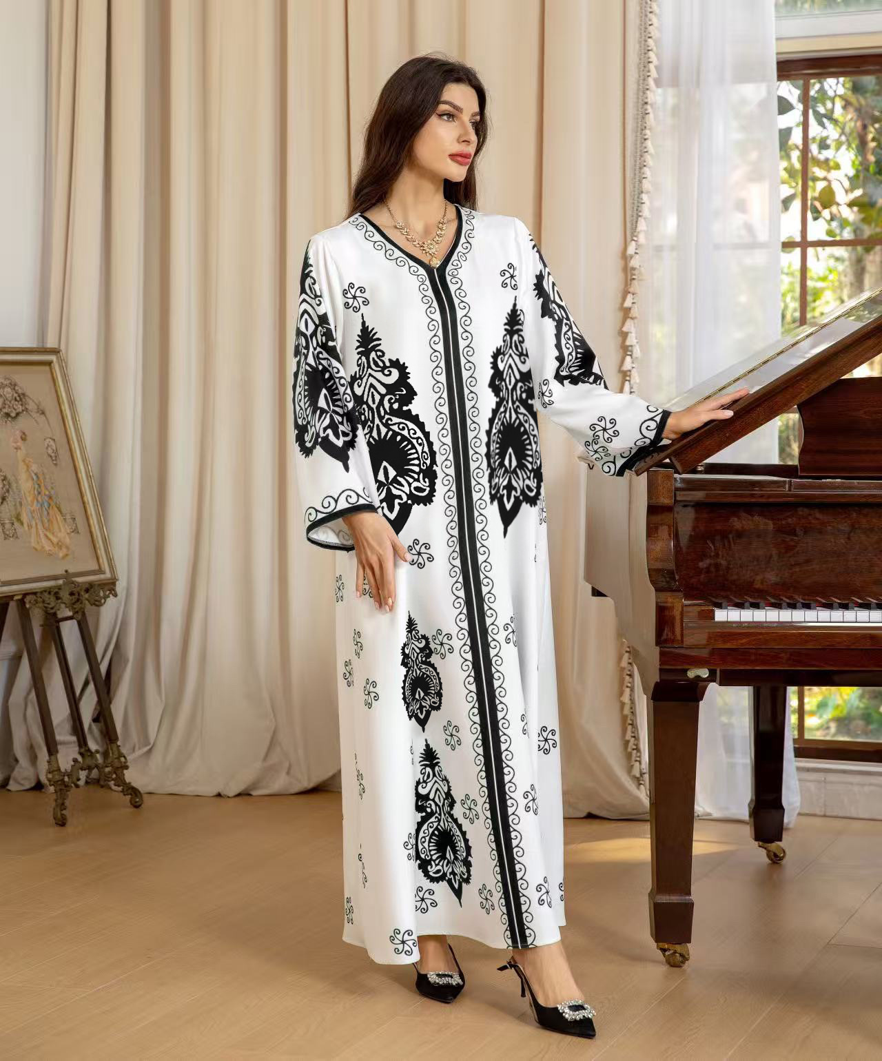 Arabic Clothing For Women, Fashionable Women's Wear, Dubai Turkish Abaya, Stylish V-neck With Rhinestones, Loose-fitting_ecoleips.com