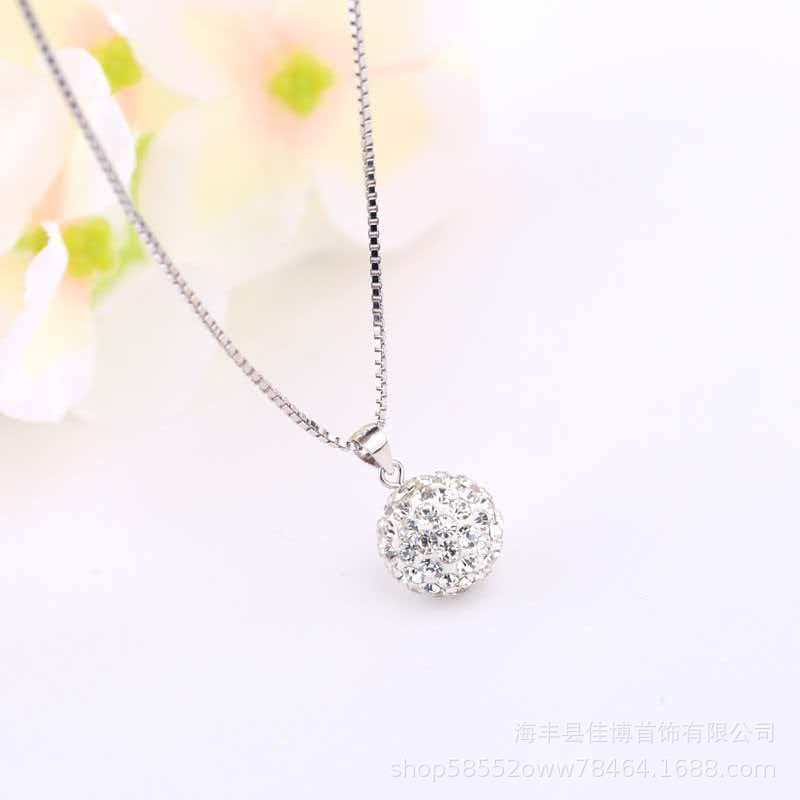 跨境速卖通s925纯银香巴拉项链女满钻球吊坠小众设计感锁骨链批发
