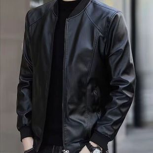 Men's Leather Jacket Leather Jacket Autumn and Winter fleece-lined Leather Jacket Flying Biker Clothing Korean Style Slim-fit Casual Warm Middle-aged and Young People