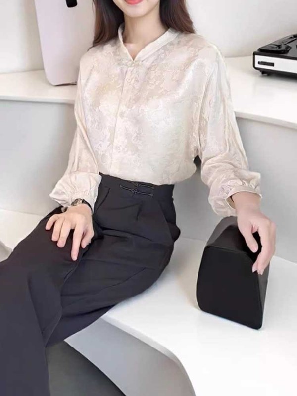 年轻款香云纱上衣新中式桑蚕丝国风女装早秋长袖时尚提花衬衫大码|undefined
