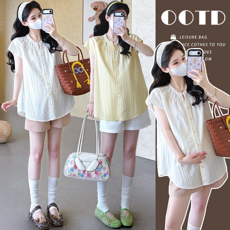 Maternity Shirt Summer Thin Korean Style V-Neck Loose Short-Sleeve Top Petite Slimming Cardigan Shorts Two-Piece Set