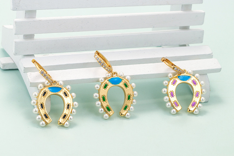 Copper Ear Needle Material 18K Real Gold Plated Plating Material Geometric U-shaped Horseshoe Copper Inlaid Zircon Colorful Oil Earrings