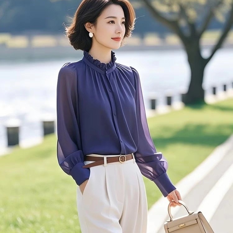 2025新款漂亮小衫开春通勤深蓝色长袖衬衫法式女士设计感小众套装|undefined