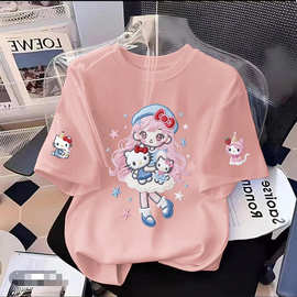 俏妮卡夏季女童纯棉短袖T恤洋气女孩仿绣印花可爱儿童宝宝上衣t恤