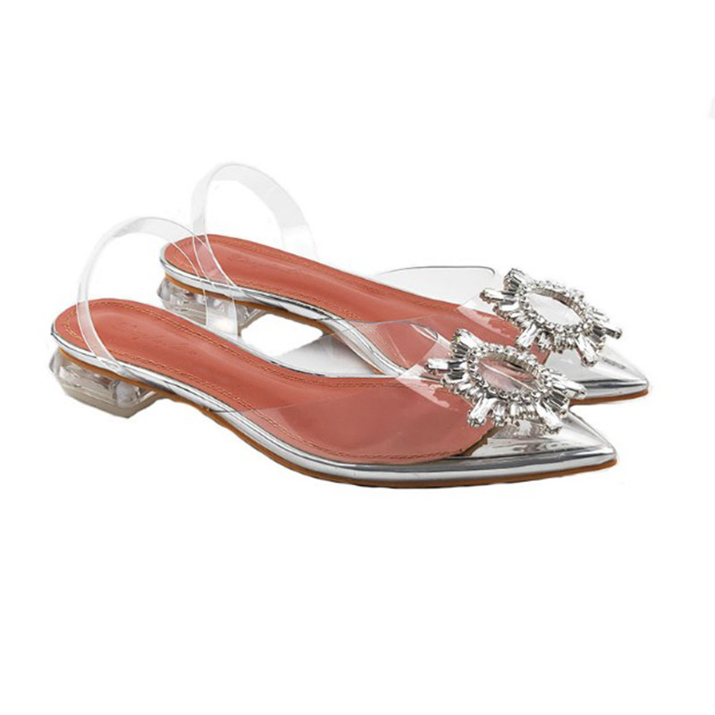 Sandalias de Punta cerrada para mujeres 2022 nueva primavera rhinestone punta puntiaguda tacón grueso versátil sexy temperamento boca baja cristal transparente zapatos de una sola capa