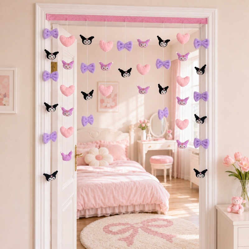 Heart-Shaped Creative Plush Ball Door Curtain, No-Punch Hanging Style with Bow, Star, and Heart Beaded Curtain Heart-Shaped Creative Plush Ball Door Curtain, No-Punch Hanging Style with Bow, Star, and Heart Beaded Curtain