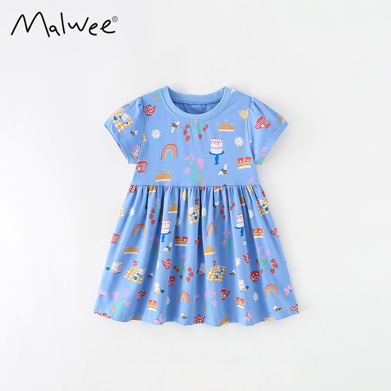 Malwee niñas falda verano nuevo estilo occidental de los niños europeos y americanos cuello redondo manga corta princesa vestido ropa para niños