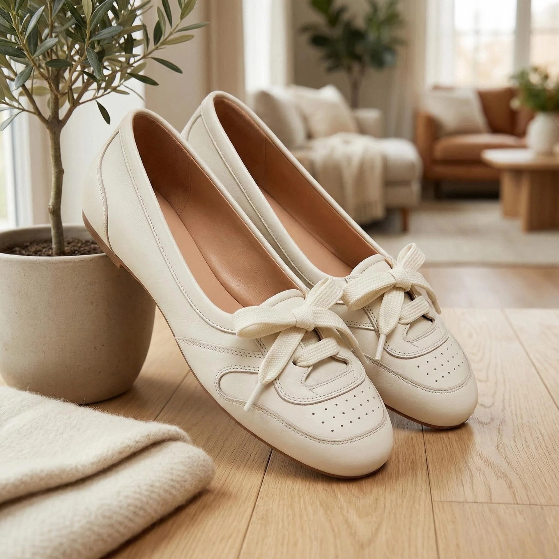 Nuevos zapatos de ballet deportivo de mujer lazos planos perforados zapatos de cuero suave zapatos casuales blancos fabricantes de cabello recto image 1
