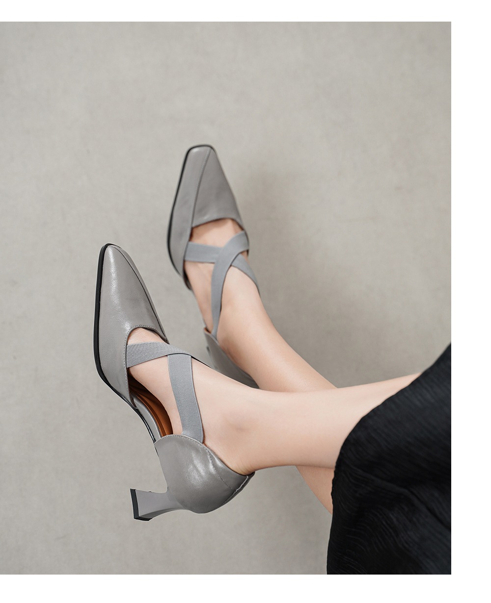 Sandal cao gót nữ da cừu mũi trùm cổ điển, gót vuông ổn định, quai thun co giãn — đen chi tiết 6