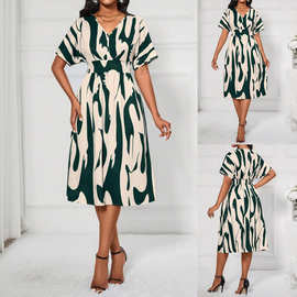 实拍现货2026外贸跨境速卖通虾皮独立站欧美印花短袖V领连衣裙