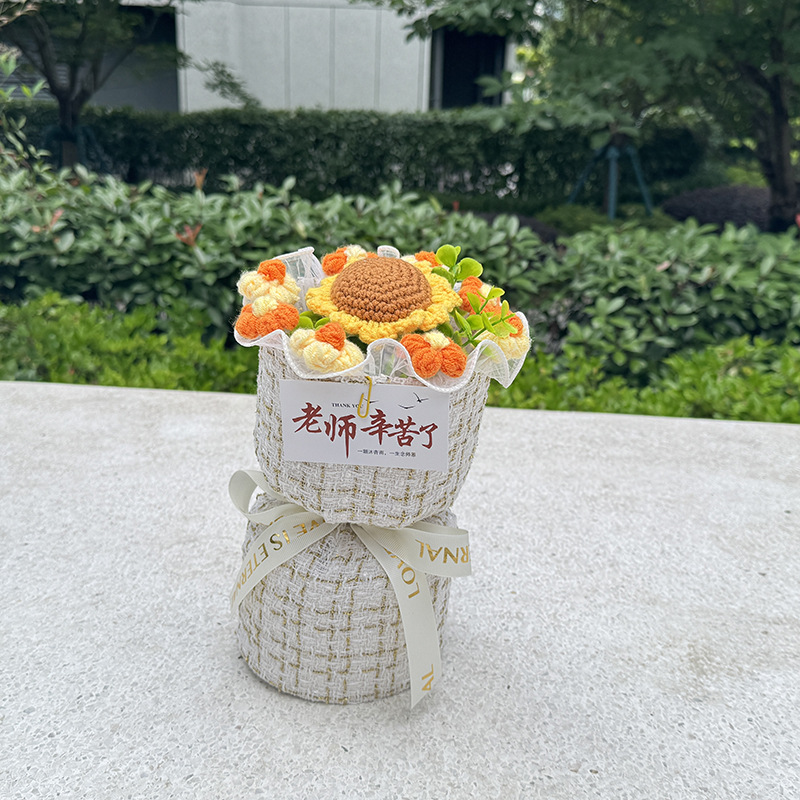 2025 Día del Maestro Regalos creativos para maestros girasol de lana tejido a mano de graduación ramo de flores terminado de San Valentín