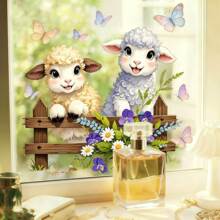 C240治愈萌系风双羊木栅栏花簇彩蝶窗户美化可移除装饰窗贴批发