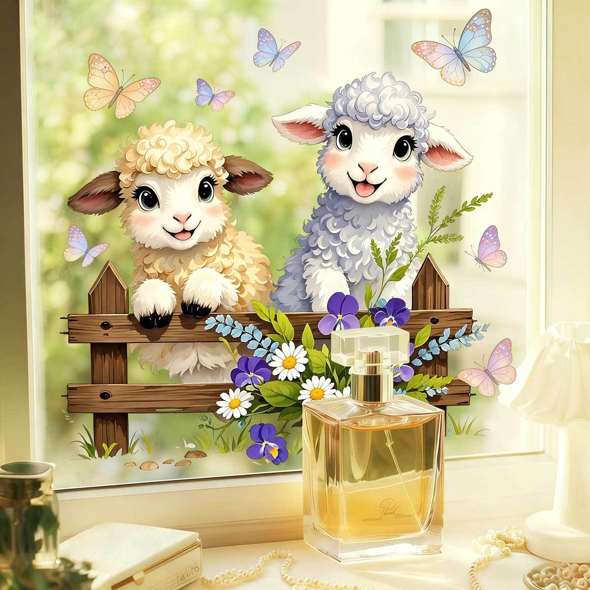 C240治愈萌系风双羊木栅栏花簇彩蝶窗户美化可移除装饰窗贴批发