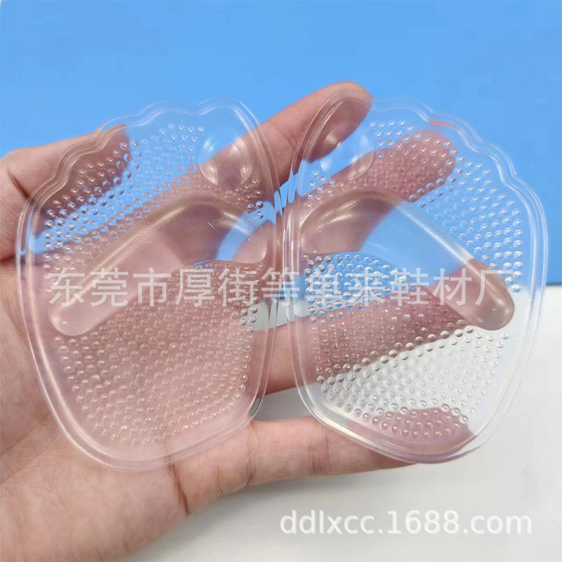 Silicone forefoot pad with transparent half-size cushion for anti-slip, arch massage, correction, forefoot protection, shock absorption, and pain relief.