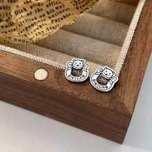 S925银姜饼人耳钉镂空小熊泰银做旧复古男女可爱卡通小巧耳饰品