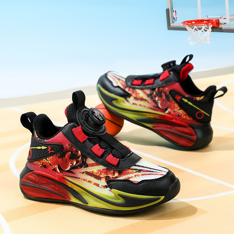 Zapatillas de baloncesto para niños, superficie de malla doble, transpirable, año de la serpiente, nuevo estilo, zapatillas de deporte con botones para niños, fricción y sonido, zapatillas para correr al aire libre