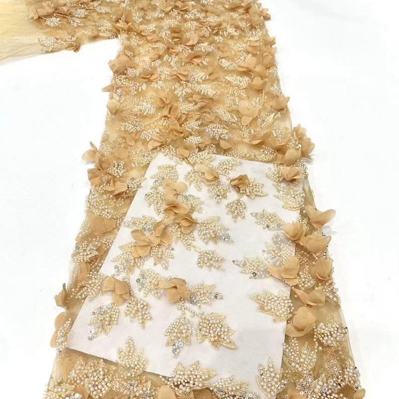 Embroiderado de tubo de perlas delicada tela de decalca hecha a mano, cuentas de burbuja, sequin, bordado de tubo de perlas, vestido de boda, tela