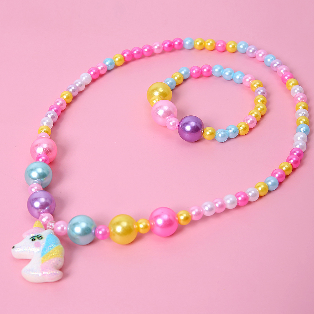 Pendant Unicorn Color round Beads Bracelet and Necklace Set