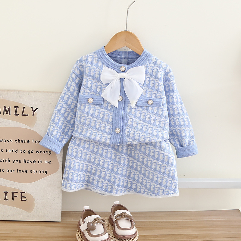 Children's Sweater Skirt Small Fragrant Wind Women's Autumn and Winter New Bow Two piece Set Long sleeved Cardigan_voghion.com