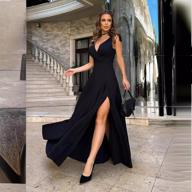 2026 Cross-Border Foreign Trade Summer New Style V-Neck Sexy Slit Evening Gown Extended Dress Women's Dress
