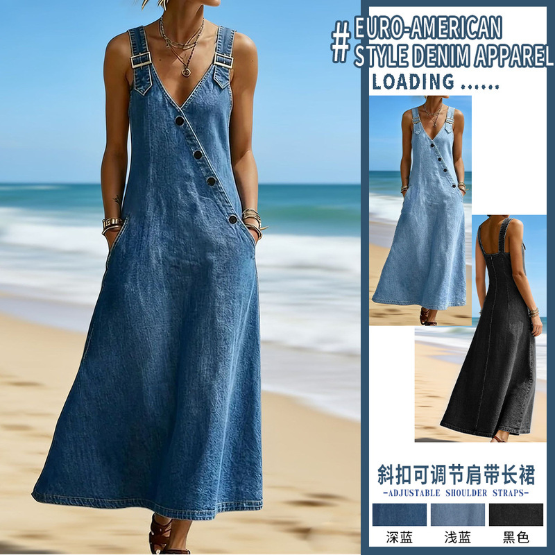 Cross-Border 2026 New Fashion V-Neck Diagonal Button Adjustable Shoulder Strap Long Dress Women's Loose Casual Denim Dress Cross-Border 2026 New Fashion V-Neck Diagonal Button Adjustable Shoulder Strap Long Dress Women's Loose Casual Denim Dress