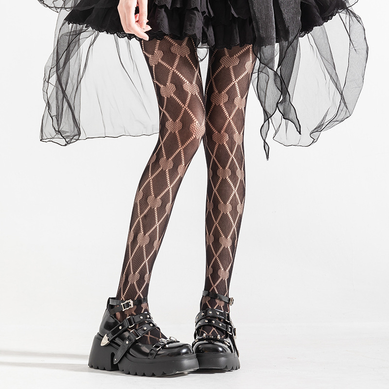 Y2g calcetines de red amor hueco rombo rasgado sub-cultura negro seda Lolita chica caliente bottoming ins marea pantimedias